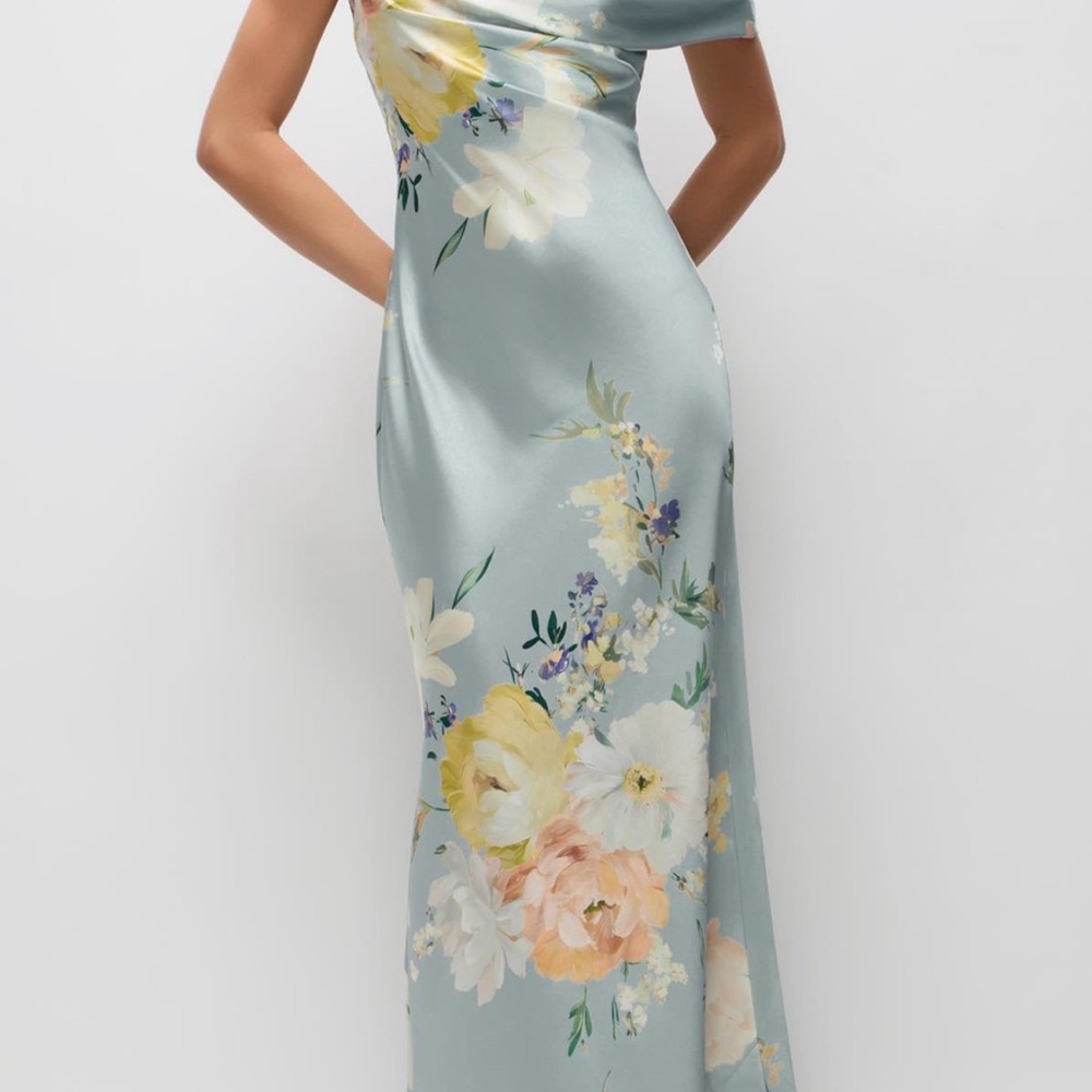 After Six One-Shoulder Satin Floral Gown in Light Blue